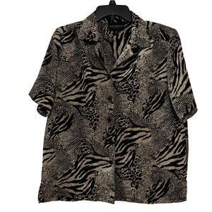 Donnkenny Classics Women's Blouse Petite Medium Animal Print‎ Button Down Short